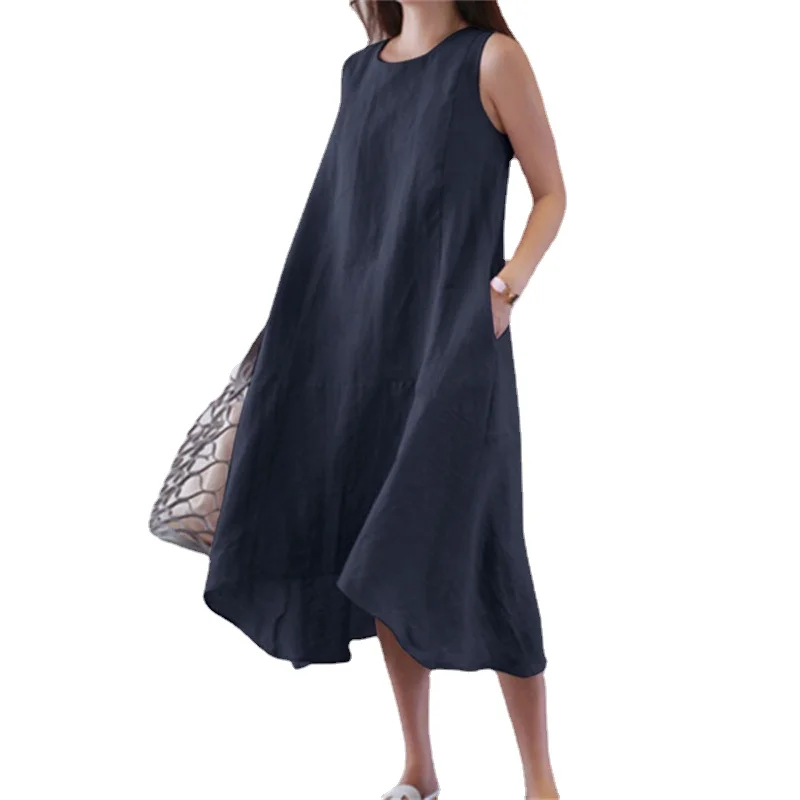 

Round Neck Sleeveless Plus Size Loose Solid Color Long Big Swing Vest Dress with Pocket