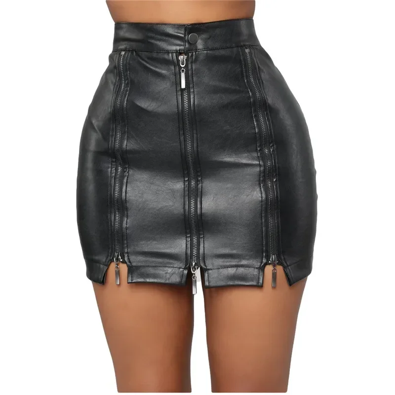 Black Leather Mini Zip Tight Skirt Fashion Bodycon Black Faux