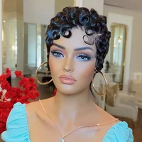 Perruque Lace Front Wig naturelle ondulée bouclée, cheveux courts, coupe Pixie avec frange, noir naturel foncé, couleur 99J, 13x4, pour femmes 2