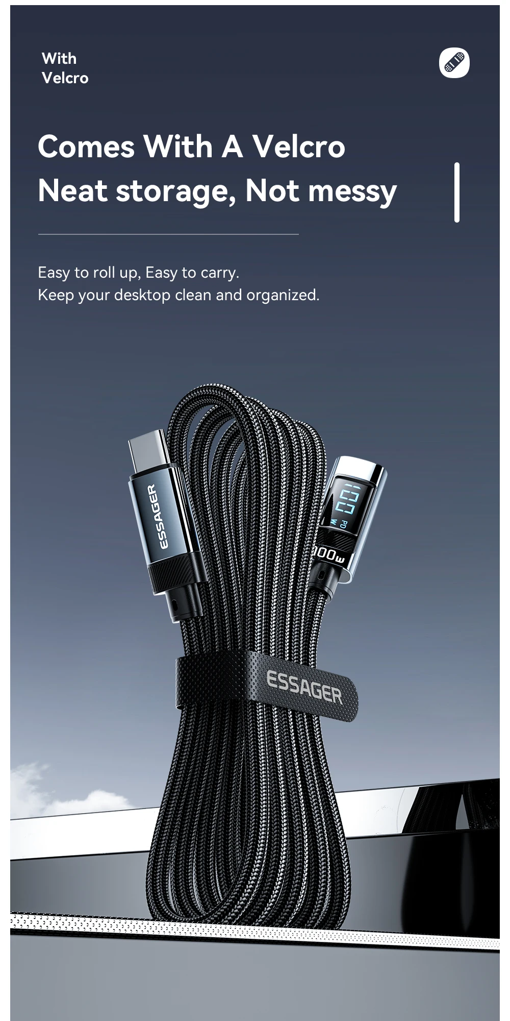 PD100W USB Type C to USB C Cable 5A Fast Charging Cable 90 ° LED Digital Display