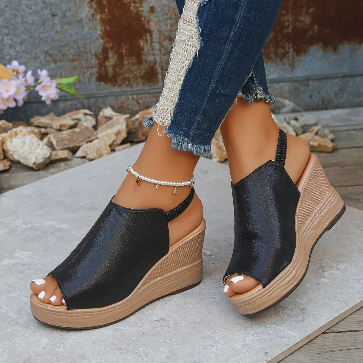 Plus Size Platform Wedge Sandals for Women Summer Open Toe Thick Sole Shoes Woman Fashion Elastic Ankle Strap High Heel Sandals
