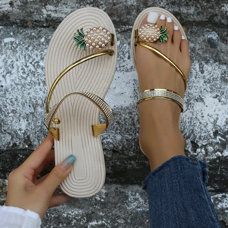 

Women Slippers With Pineapple Clip Toe Flip Flops Girls Rhinestone Sparkling Elastic Band Sandals Flat Strap Casual Beach Shoes