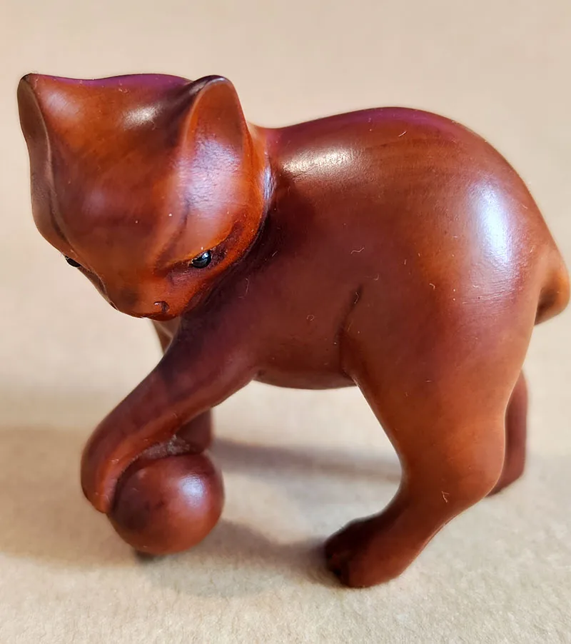 Z1112 - 2 손으로 조각한 일본 회양목 Netsuke 조각상-사랑스러운 고양이