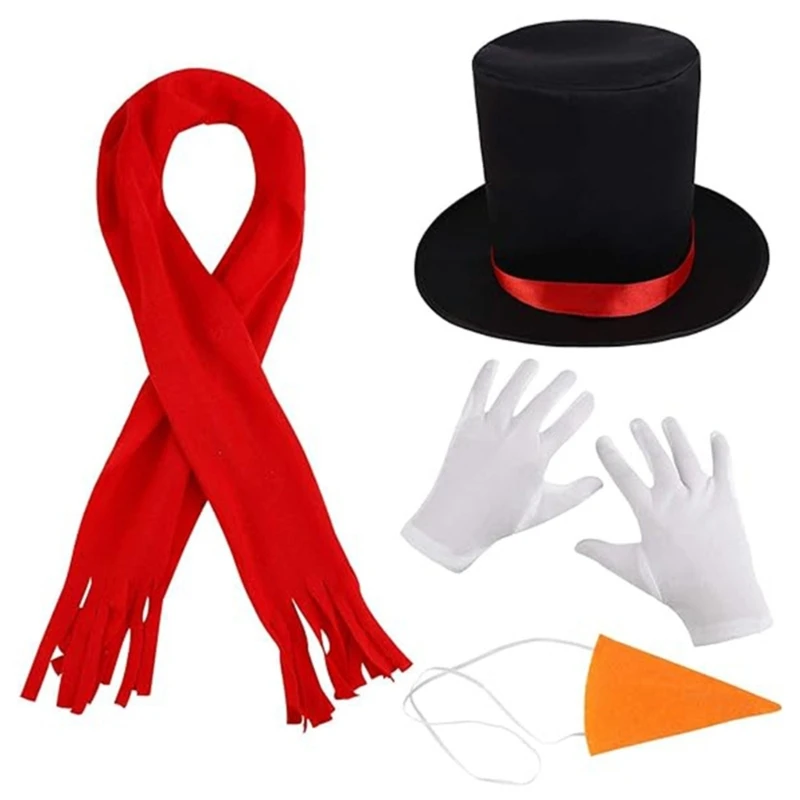 Snowmen Dress Up Costume Set Black Hat Scarf Gloves Kids Role Play Snowmen Costume Fedoras Hat Scarf Nose Headwear Photo Props