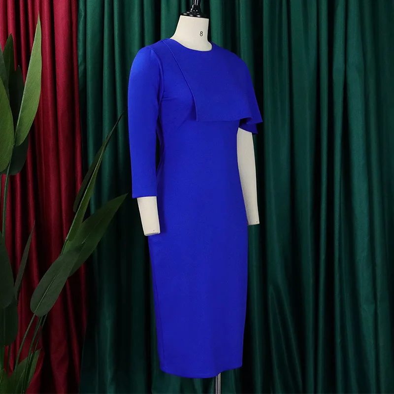 Elegant Solid Back Zipper Pencil Skirt Fashion O-Neck Patchwork Ruffles Three Quarter Sleeve Plus Size Slim Knee-Length Dresses