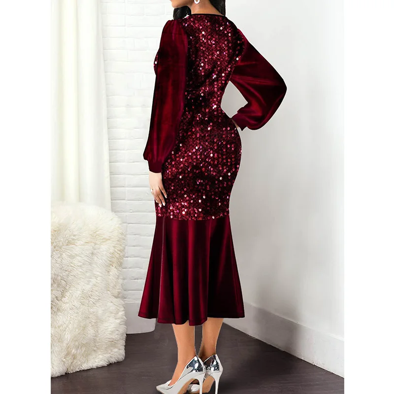 Autumn Evening Party Sexy V-Neck Sequined Patchwork Solid Slim Long Sleeve Zipper Higt Waist Fishtail Dresses Plus Size Women