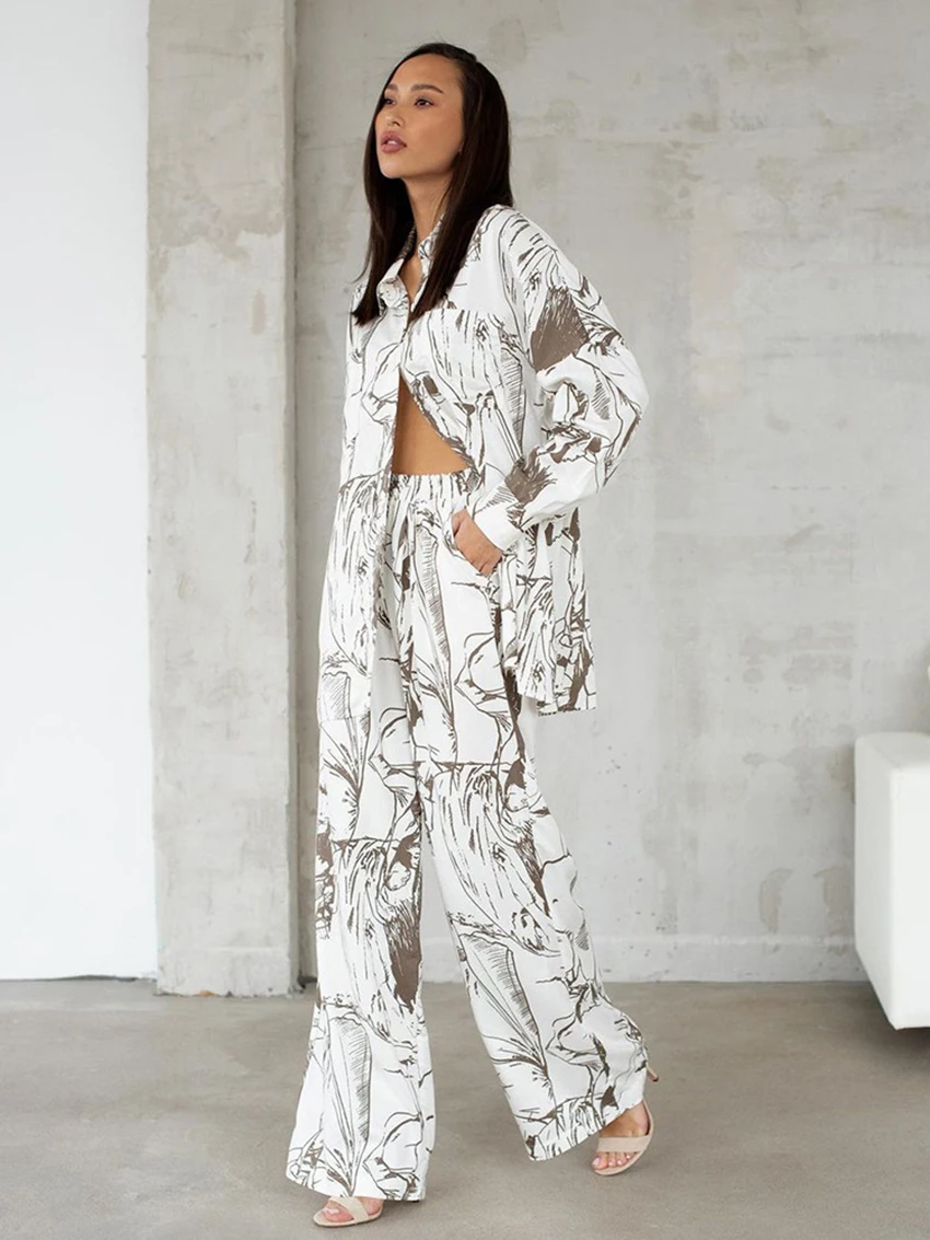 Marthaqiqi Loose Printing Ladies Pajamas Set Long Sleeve Nightgowns Turn-Down Collar Sleepwear Wide Leg Pants Women Nightie Suit