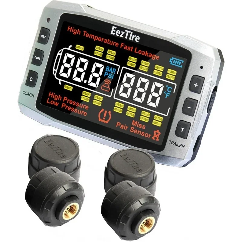 

EEZTire-TPMS Pro (518C) Tire Pressure and Temperature Monitoring System with 3.5" Color Display 4 AT Sensors, Not Compatible w