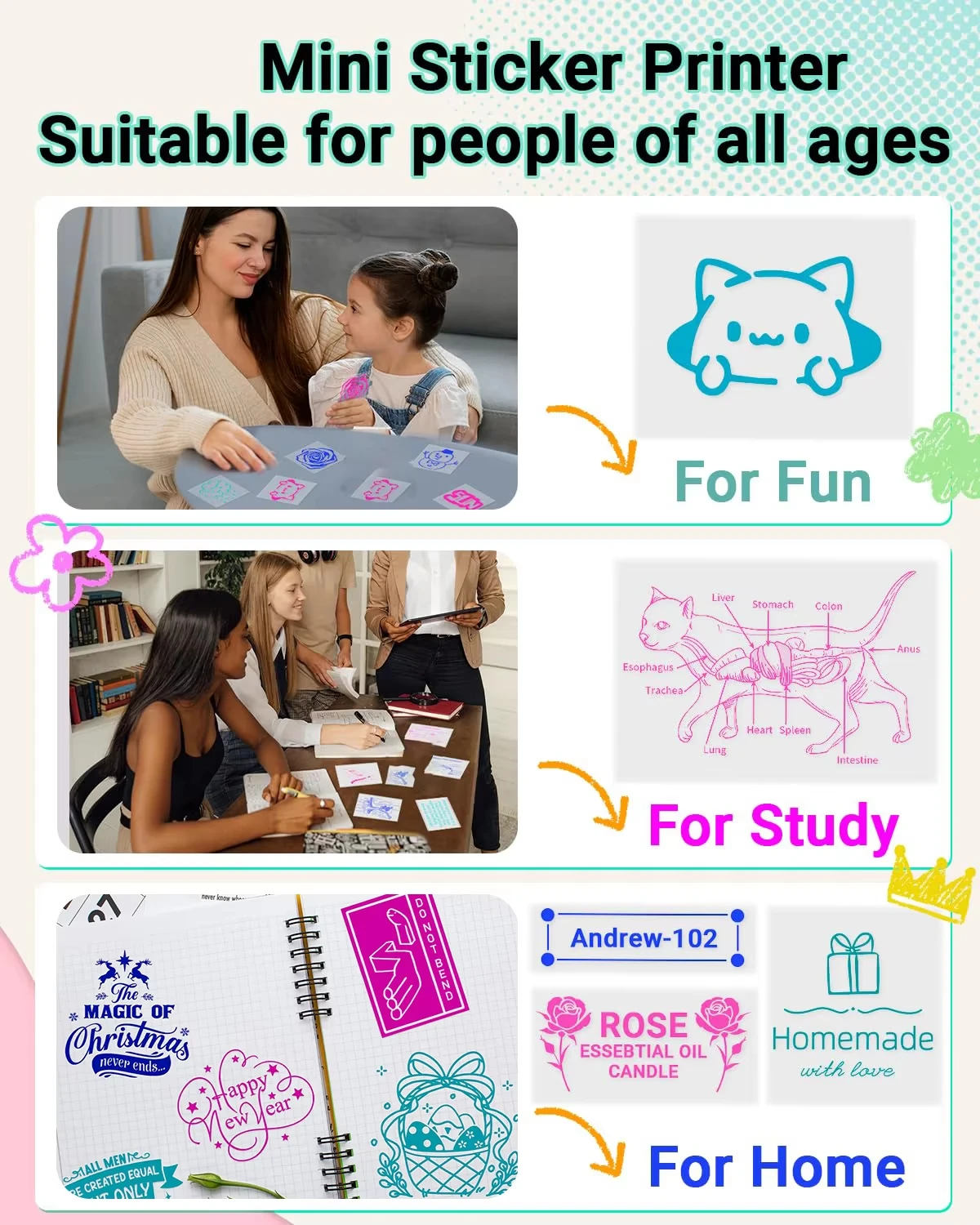 3 롤 다채로운 투명 열 스티커 용지, 미니 휴대용 프린터, DIY 스크랩북용 인쇄 가능한 투명 접착제