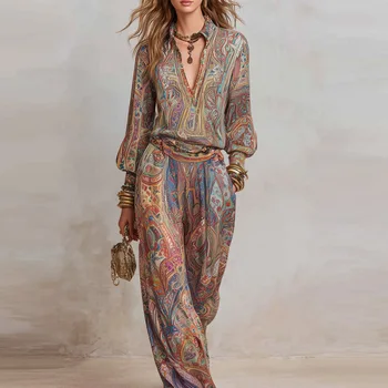 Boho Paisley Print Two-Piece Set for Women Sexy V-Neck Long Sleeve Blouse Top & Wide Leg Pants Casual Loose Suit for Vacation 1