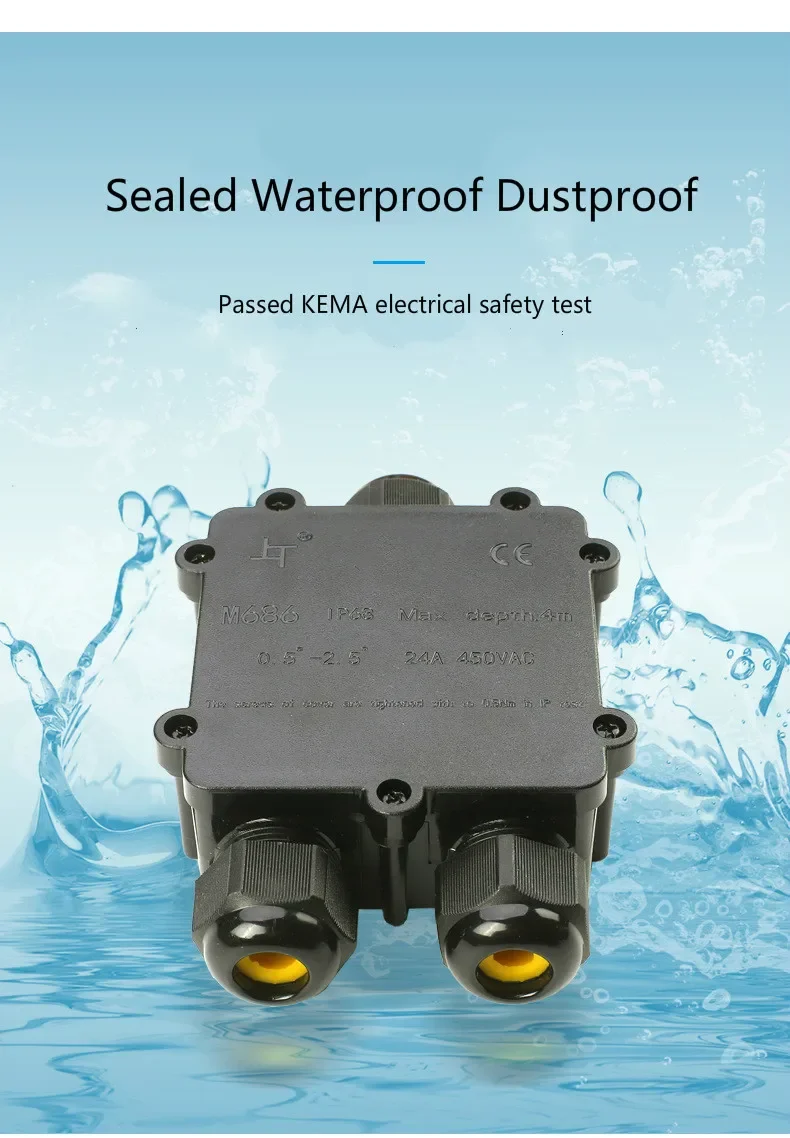 Description Picture 6 of itemIP68 3 Way Waterproof Junction Box 4/5/6pin 4-14mm Electrical Cable Wire Connectors 24A 450V External Electrical Junction Box