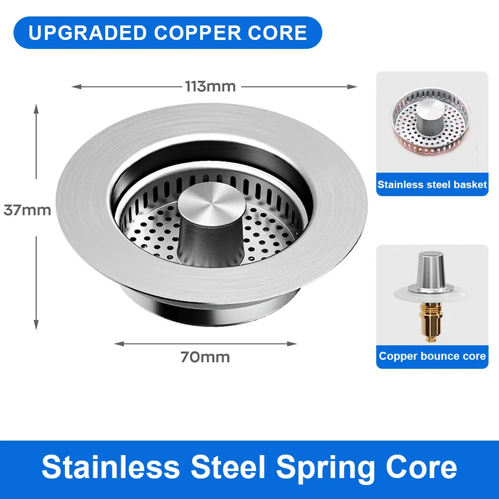 Kitchen Sink Drain Strainer Stainless Steel Pop Up Sink Stopper Anti-Clogging Food Catcher Basket Odor Filter Plug