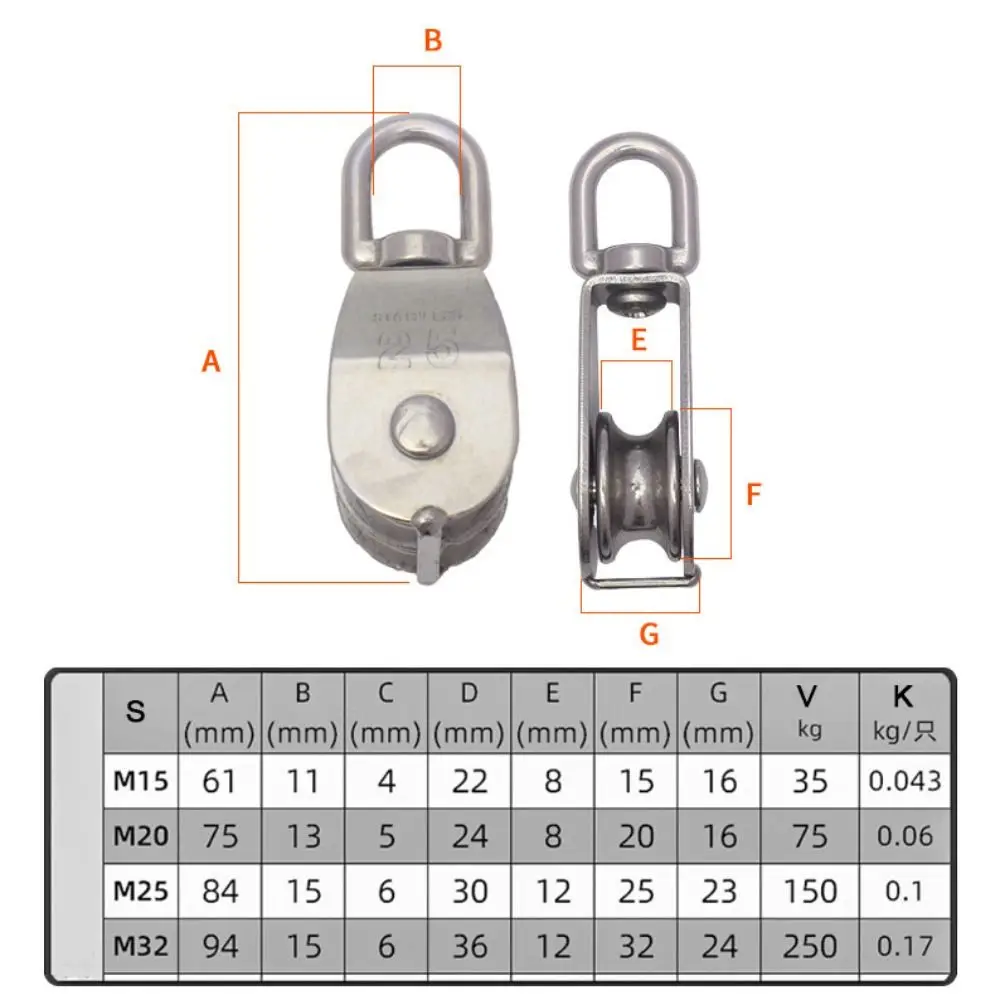 Load-Bearing M15/20/25 Fixed Pulley 304 Stainless Steel Swivel Groove Pulley Detachable Heavy Duty Traction Wheel Crane