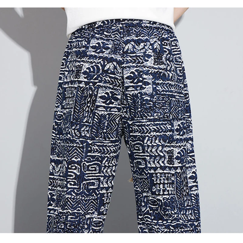 Korean Fashion Men Clothing Loose Straight Pants Summer Streetwear Casual Print Elastic Waist Drawstring Versatile Thin Trousers
