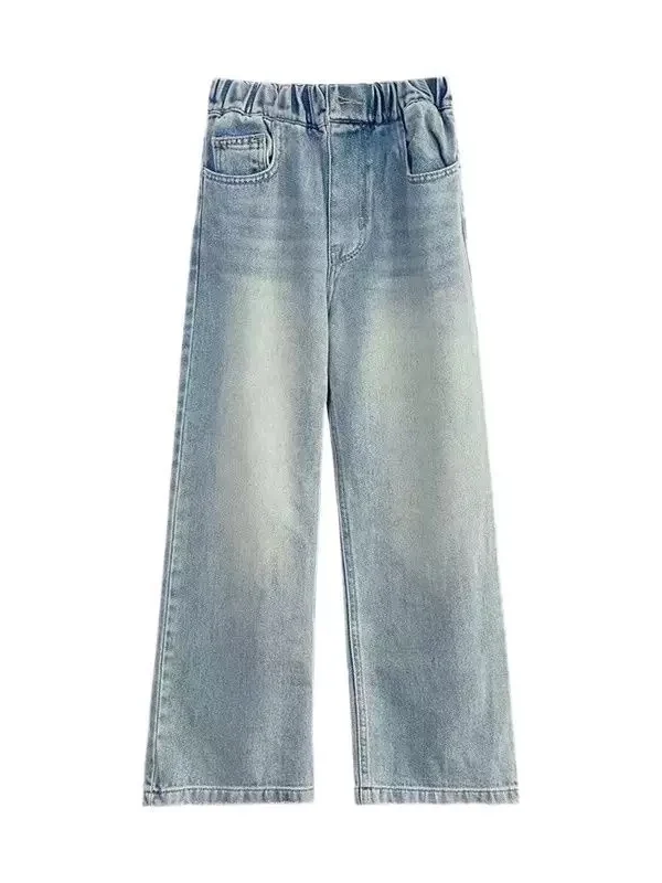 새로운 2026 퓨어 컬러 여아 루즈핏 청바지 아동 캐주얼 와이드 레그 스트레이트 롱 팬츠 봄 가을 다용도 바지