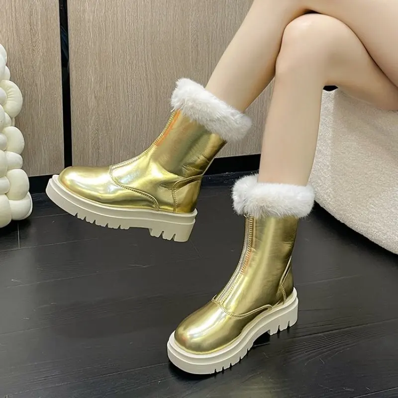 Women's Shoes High Quality Front Zipper Women's Boots Winter Round Toe Solid Plush Warm Platform Water Proof Short Boots Big Siz