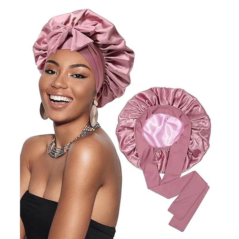 New Satin Silky Hair Wrap for Women Stretchy Double Layer Bonnet