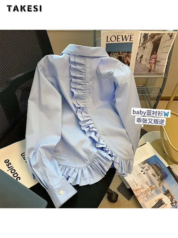 

Женская Однотонная рубашка с отложным воротником, Повседневная стильная блузка с оборками, милый однобортный Топ с длинным рукавом, лето 2024