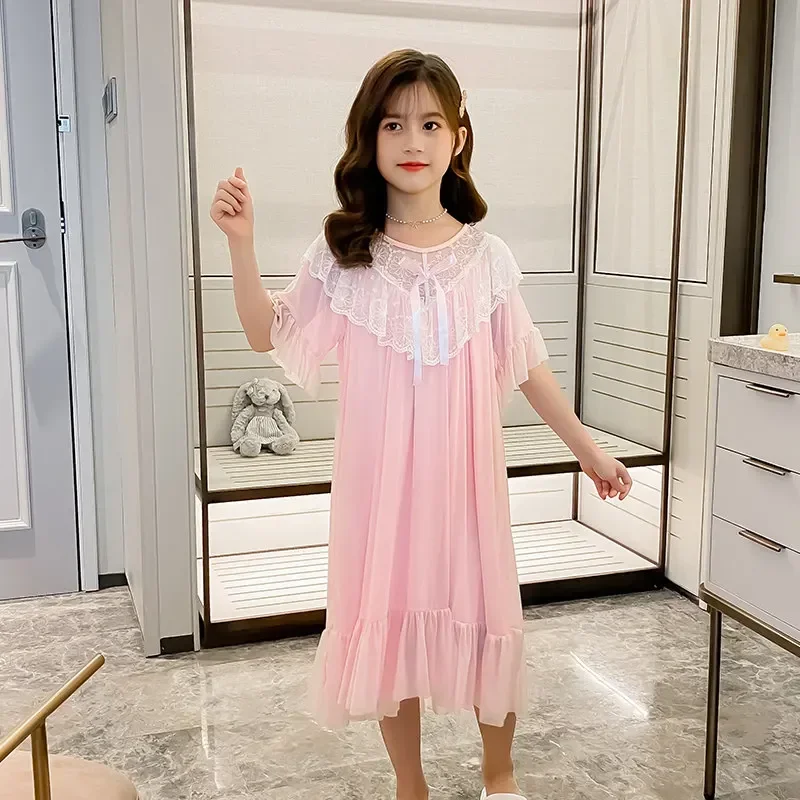 어린이 여름 공주 잠옷 수면 원피스, 여아 잠옷, 반팔 레이스 칼라 디자인,  홈웨어 잠옷