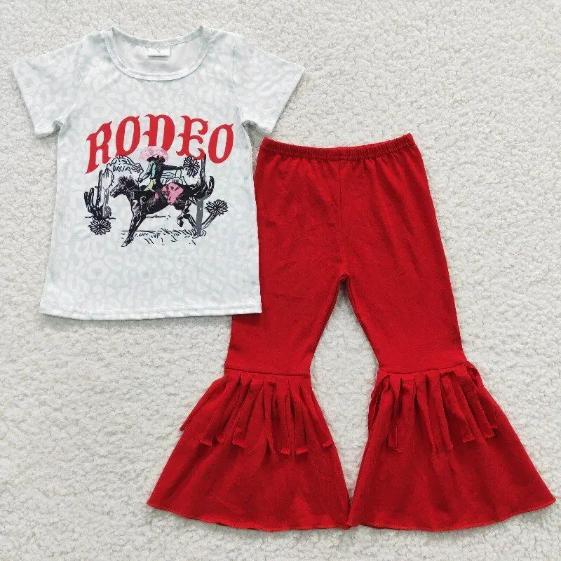 

2023 New arrivals RTS kids red bell bottom sets children cowboys clothes baby western boutique outfit