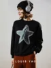 LOUIS YAO 2024 Winter Collection with Thick Velvet Women's Hoodie Three Dimensional Embroidered Pentagram Long Sleeve Top 2