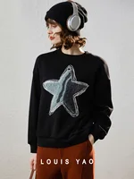 LOUIS YAO 2024 Winter Collection with Thick Velvet Women's Hoodie Three Dimensional Embroidered Pentagram Long Sleeve Top 2