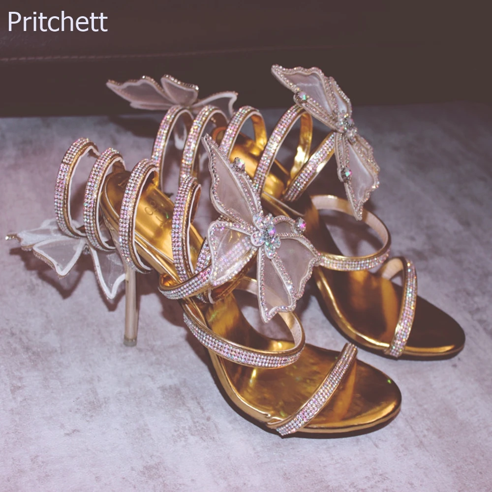 

2023 Summer New Handmade Mesh Rhinestone Butterfly High-heeled Sandals Sexy Stiletto Rhinestone Local Tyrant Gold Snake Boot