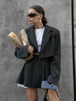 Bornladies Women Stylish Short Blazer Sets Crop Blazer Jackets & Pleated Mini Skirt 2 Pieces Sets Two Piece Sets Womens Outifits - Image 2