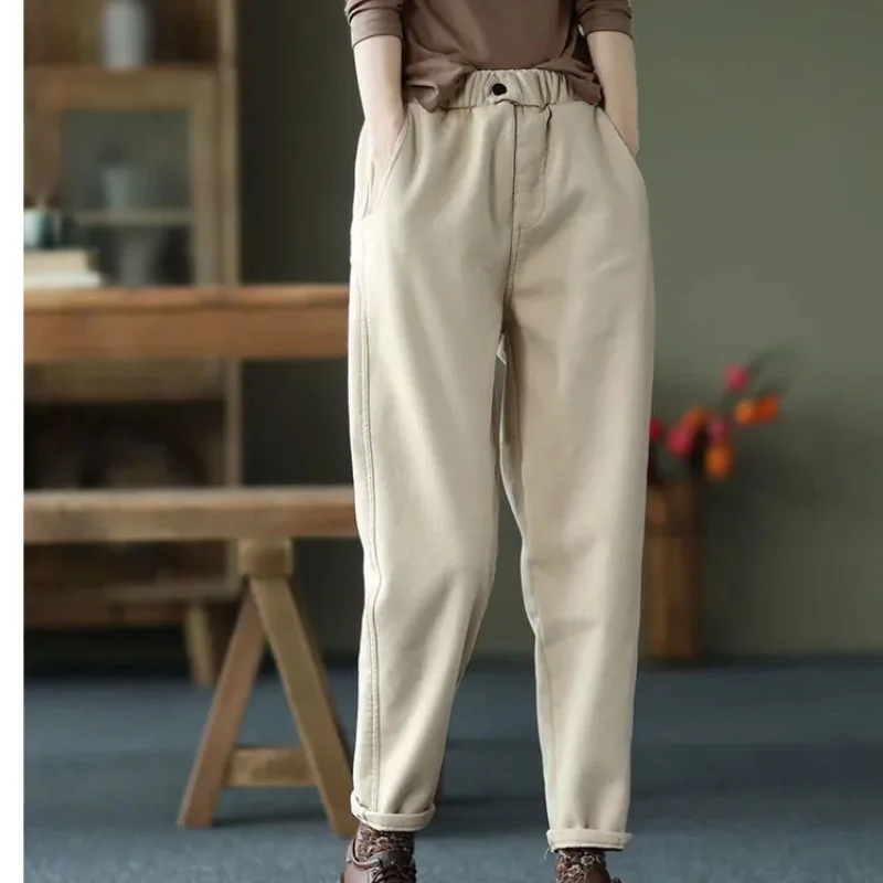 Women Winter New Elastic Waist Harlan Pants Fashion Retro Pockets Pure Cotton Fleece Thickened Warm Loose Versatile Casual Pants