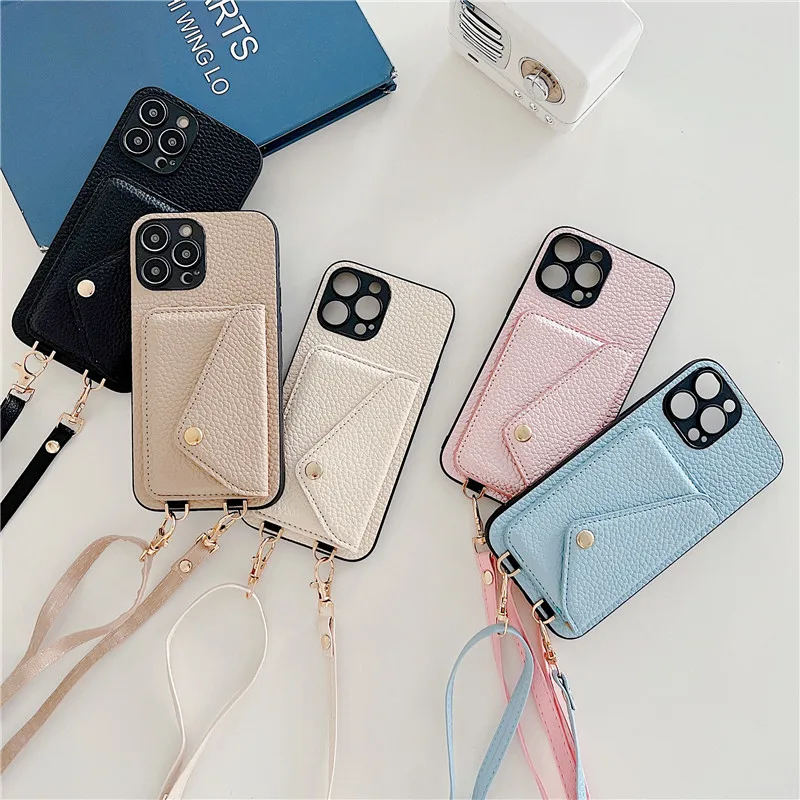 Luxury Wallet Bag Phone Case For iPhone 14 13 12 MINI 11 Pro XR XS Max 6 7 8  Plus Silicone Card Pocket Strap Cover With Lanyard - AliExpress