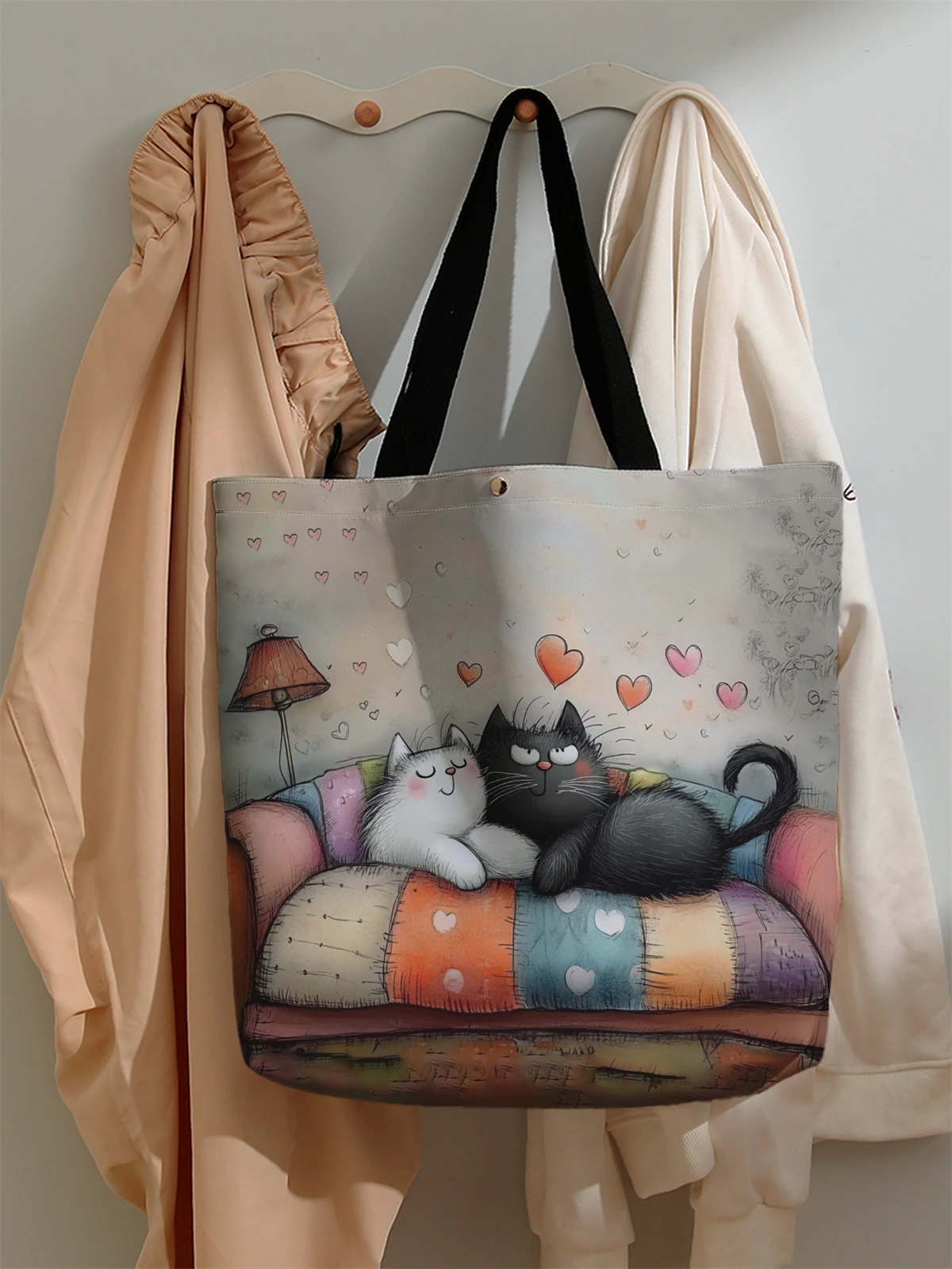 1pc， Cartoon cat pattern handbag, reusable fashionable handbag, multifunctional handbag, printed canvas shopping bag