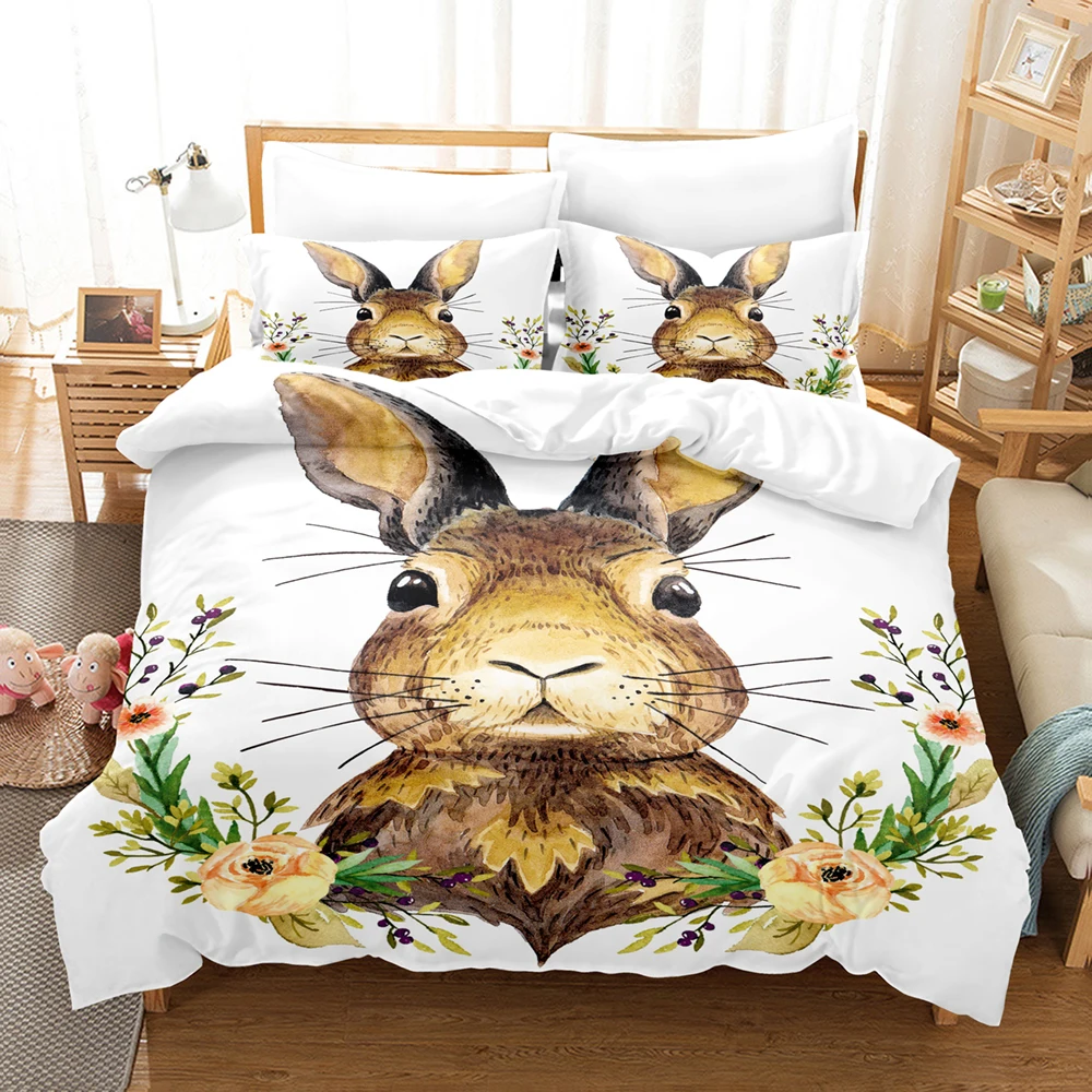 

Cute Rabbit Small Animal Pattern 3D Printing Polyester Duvet Cover With Pillowcase Home Bedroom Bedding,Small To Big Full Size