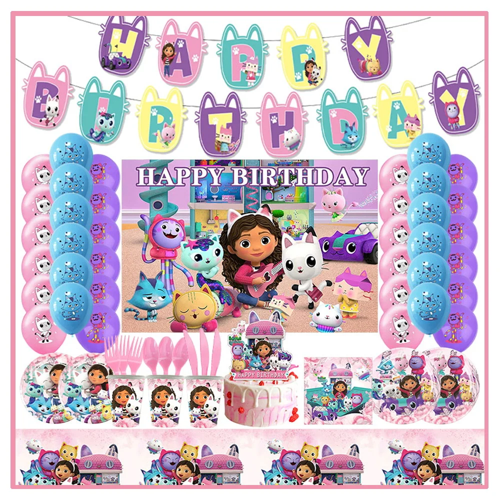 Gabby Dollhouse Decorazioni Per Feste Di Compleanno Gabby Suger Cats Forniture Per Feste Nuova Tazza Di Carta Piatto Tovaglioli Palloncini Baby Shower