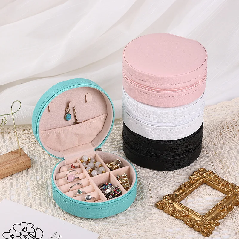Compact Round Jewelry Organizer Case - PU Leather Portable Travel Storage for Necklaces, Earrings, and Rings