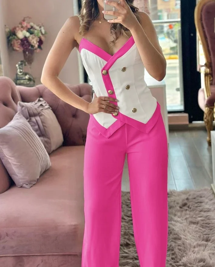 Women's Elegant Double Breasted Chain Strap Cami Top & Straight Leg Pants Set 2024 Summer Casual Two Piece Sets Women Outfit