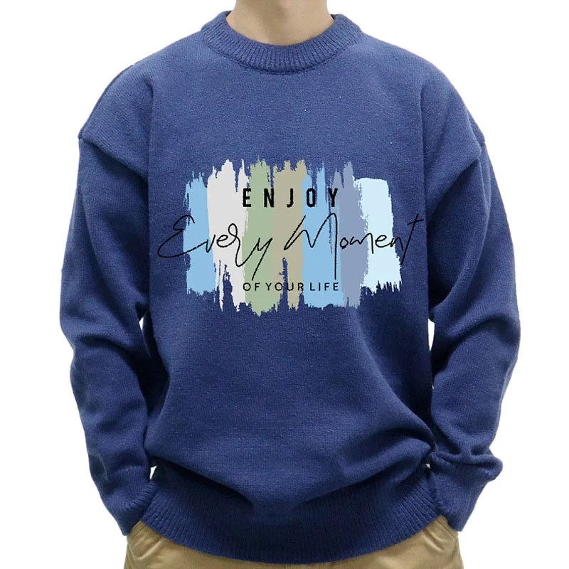 Men's Winter Sweater Casual Long Sleeve Printed Knit Men Sweaters Pullovers Autumn O-neck Knitted Pullover Men Blue Knitwears XL