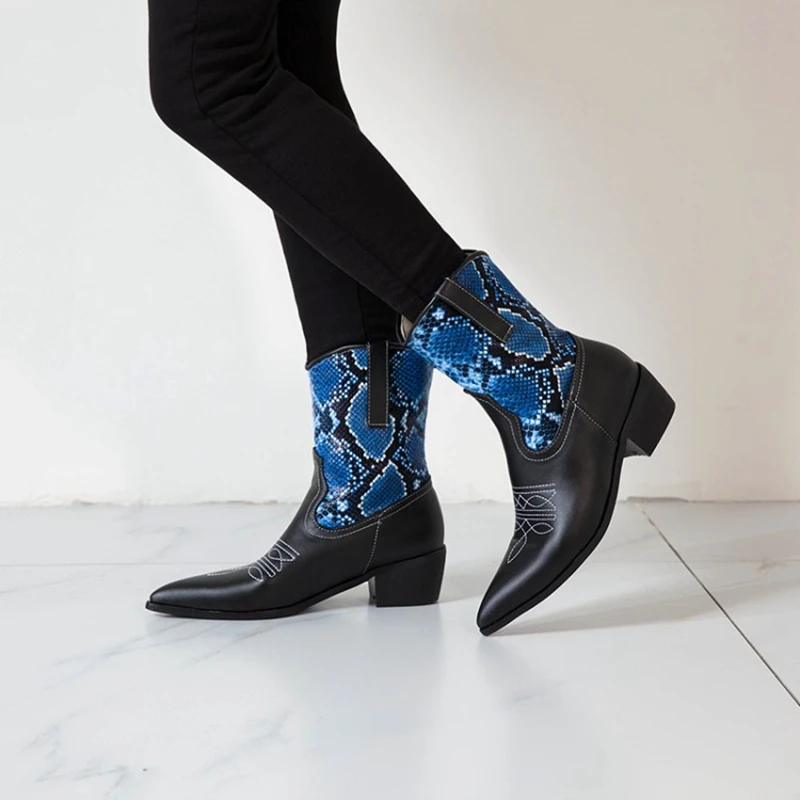 2021 Zapatos De Mujer Ankel Women Winter Embroidered Boots Platform Cowboy Boots Pointed Toe Gothic Shoes Size 34-50 33-22