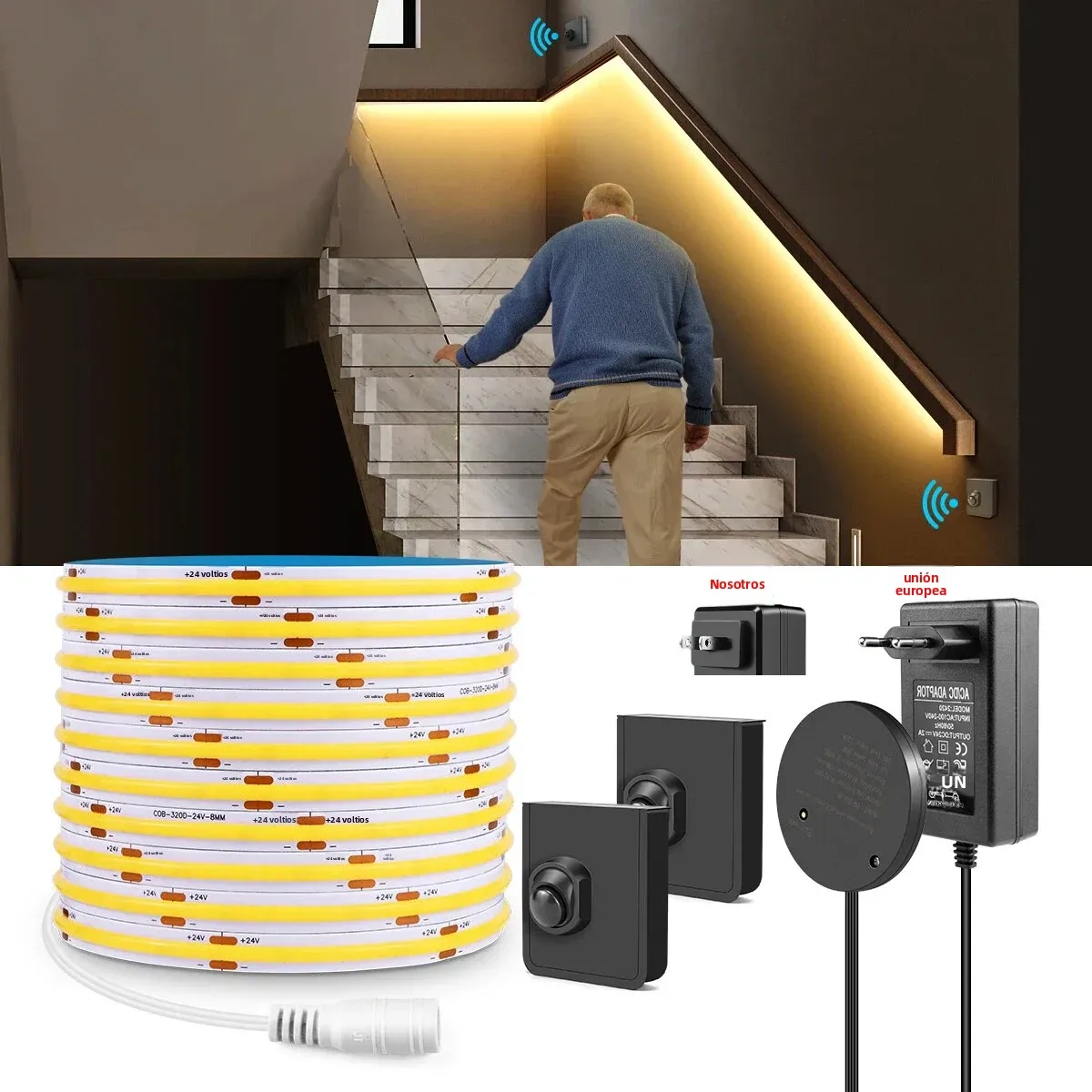 Dual Wireless Moveable PIR Motion Sensors 10M 5M COB Strip Light Set DC24V 320LEDs/M High Bright For Bedroom Corridor Stairs