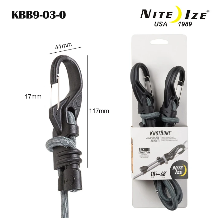 NiteIze KBB9-01-R3 Nite IZE Large KnotBone Cord with Carabiner Clip Ends +  Adjustable Length 10-48, Size #9 Bungee