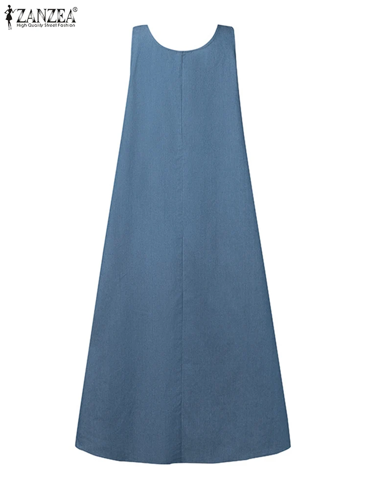 2024 ZANZEA Fashion Summer Sundress Sarafans Casual Women Sleeveless Muslim Abaya Vestido Denim Blue Loose Solid Overalls Dress - Image 5