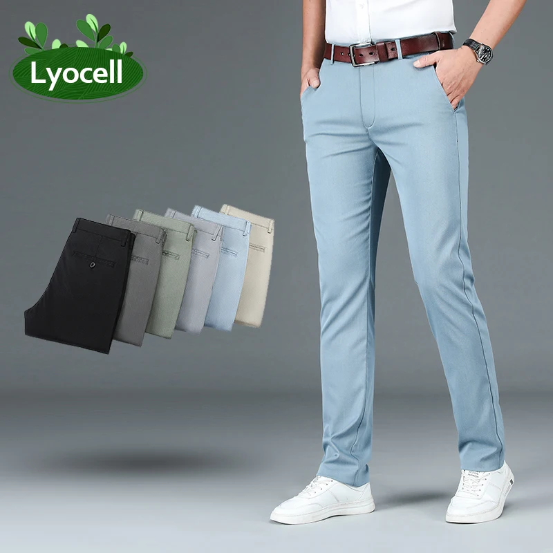 Lyocell pantalones de negocios para hombre, ropa informal recta, color azul  cielo, caqui, 30 40 talla grande, Verano| | - AliExpress