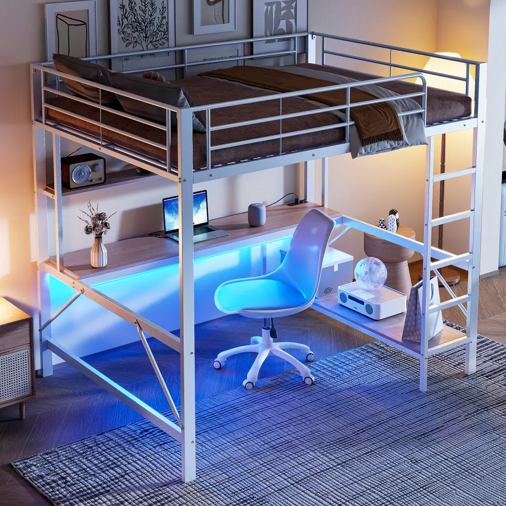 140*200cm Hochbett, mit mehrschichtigem Trennregal und Schreibtisch, Metallbett mit USB und Steckdose, mit LED-Leuchten, (ohne Matratze) – Detail 29