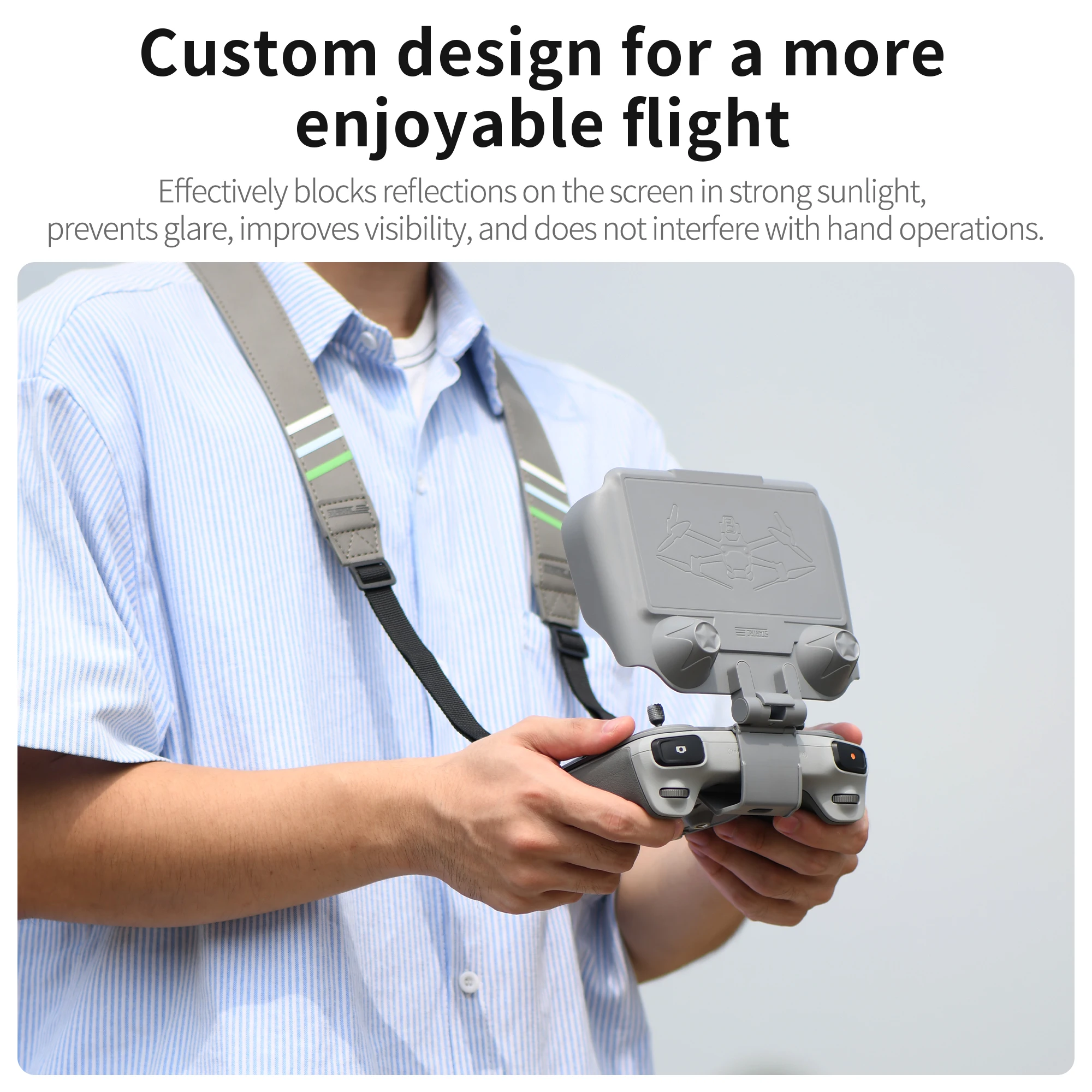 Utilisation du pare-soleil 2-en-1 pour télécommande DJI RC et RC2, garantissant une visibilité optimale en plein soleil.