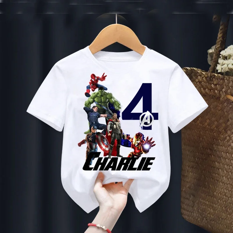 thumbnail image 1 of Camisetas de cumpleaños para niños de 2, 3, 4, 5, 6, 7, 8 y 9 años, ropa para niños con nombre personalizado de Marvel Avengers, camiseta para fiesta de cumpleaños de superhéroes para bebés, 1 of 5