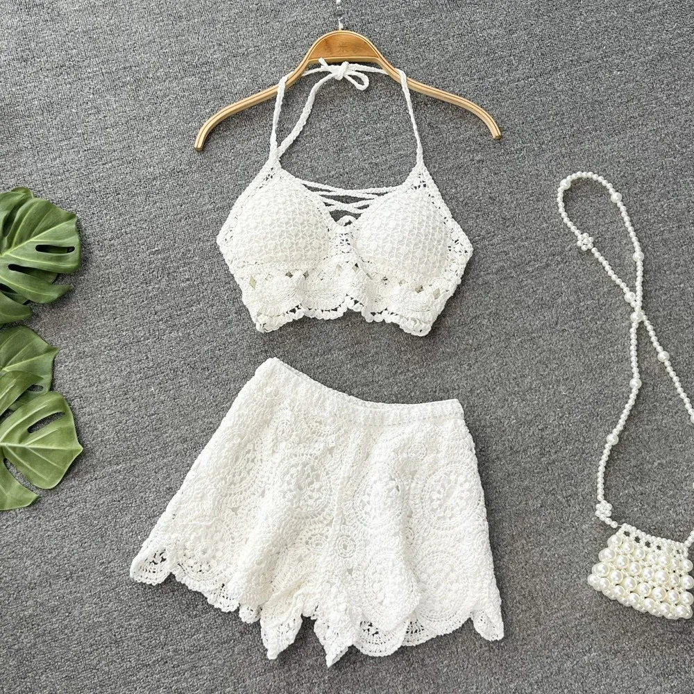 Beach Suit Beach Dress Set 2Piece Sets Women Summer Vacation Backless Camisole Elastic Waist Shorts Hollow Out Y2K Beach Style Suits 3294152 2Piece Sets Beach Women Summer Vacation Backless Camisole Elastic Waist Shorts Hollow Out Y2K Beach Style Suits
