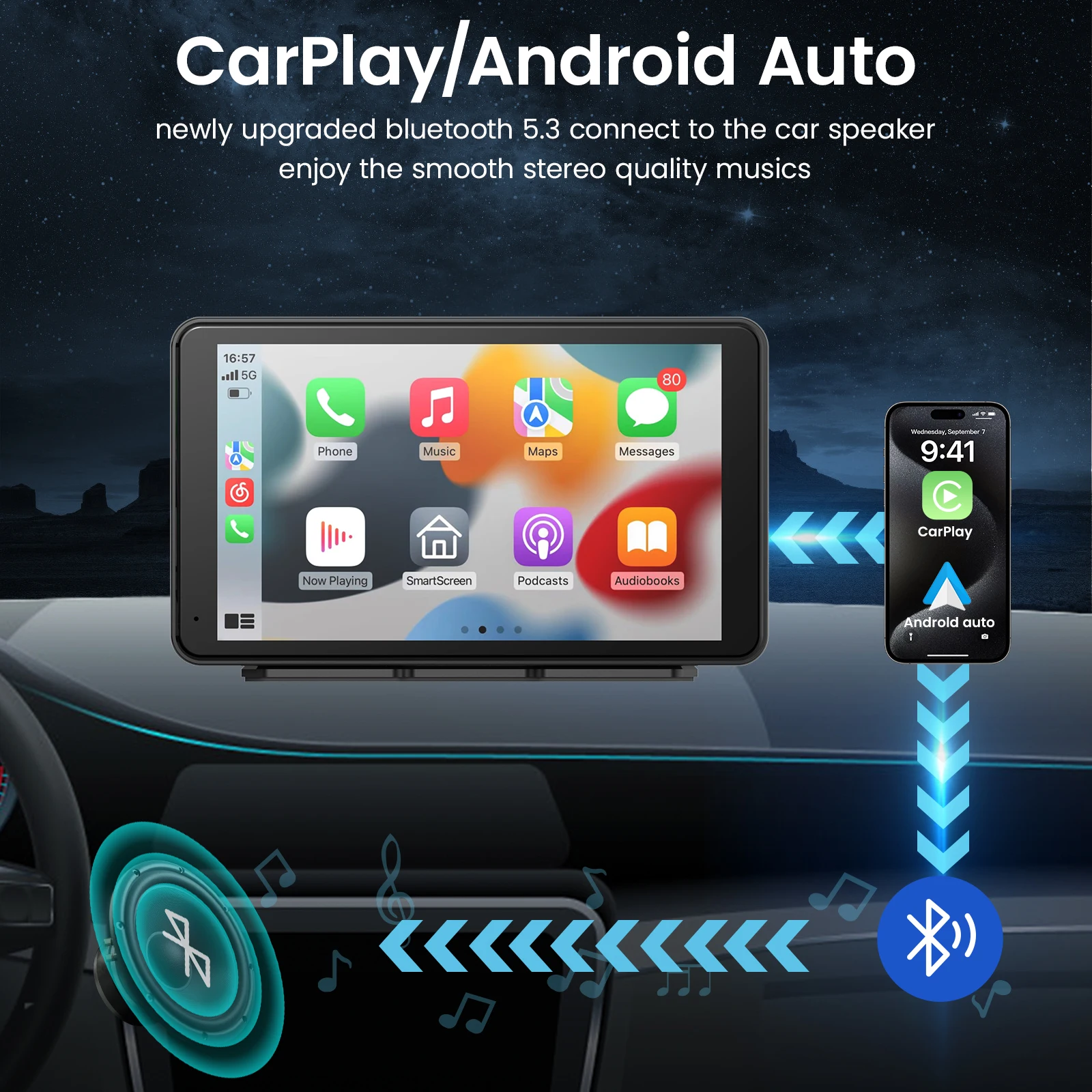 Portable Newest Wireless Apple CarPlay and Android Auto Screen for Car, 7" HD Touch Screen Car Stereo with Mirror Link