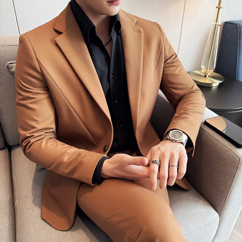 (Jacket+Pant) New Men Pure Color Business Social Wedding Party Suit Fashion Male Banquet Party Slim Fit Dress Blazer and Trouser
