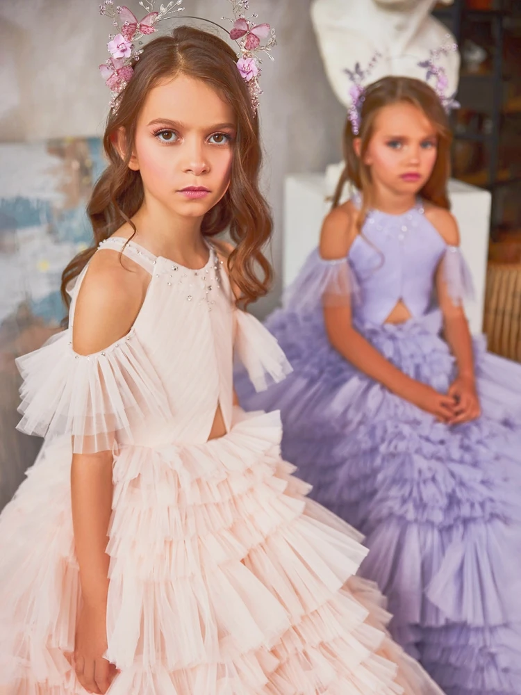 

Tulle Puffy Flower Dress For Girl Short Sleeve Girl For Wedding Princess Party Cute Girl For Elegant Party