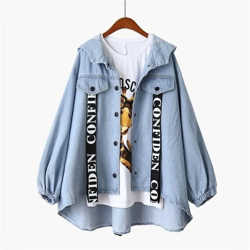 Women's Hooded Denim Jacket Spring Autumn Plus Size Loose Blue Jean
