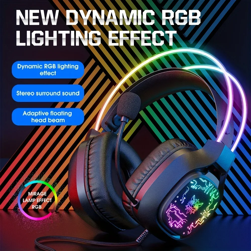 게이밍 헤드셋 RGB 다이나믹 조명 유선 컴퓨터 헤드폰, E-스포츠 게임 7.1 채널 유선 헤드셋, 마이크 헤드 포함, X22